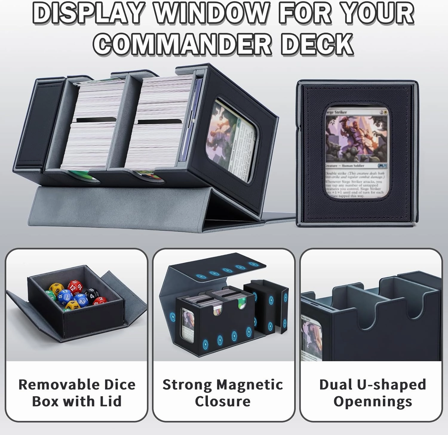 Commander Deck Box for MTG, Card Deck Box with Dice Tray and Display Window, Fits 200  Double-Sleeved Cards, Magnetic Leather Trading Card Storage Case for Magic Game Cards (Black & Gray)