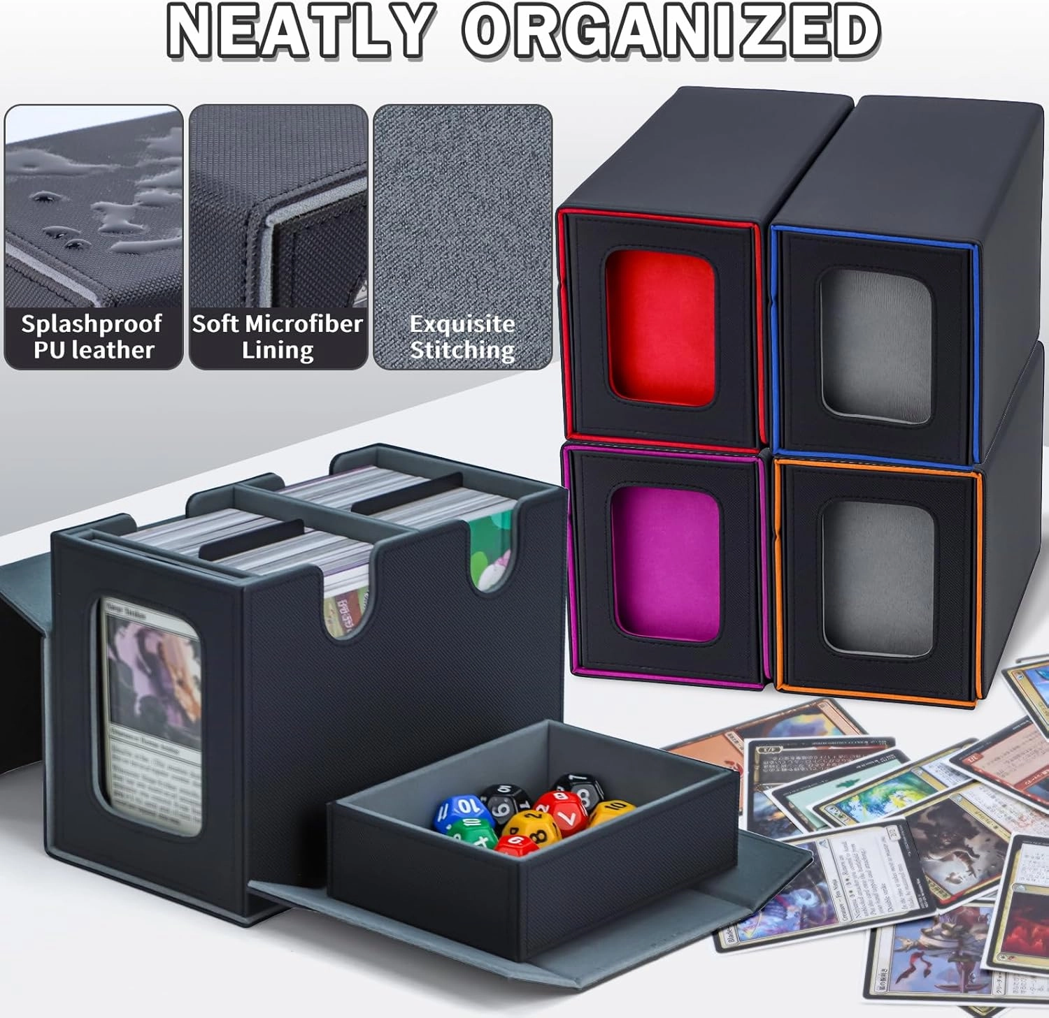 Commander Deck Box for MTG, Card Deck Box with Dice Tray and Display Window, Fits 200  Double-Sleeved Cards, Magnetic Leather Trading Card Storage Case for Magic Game Cards (Black & Gray)