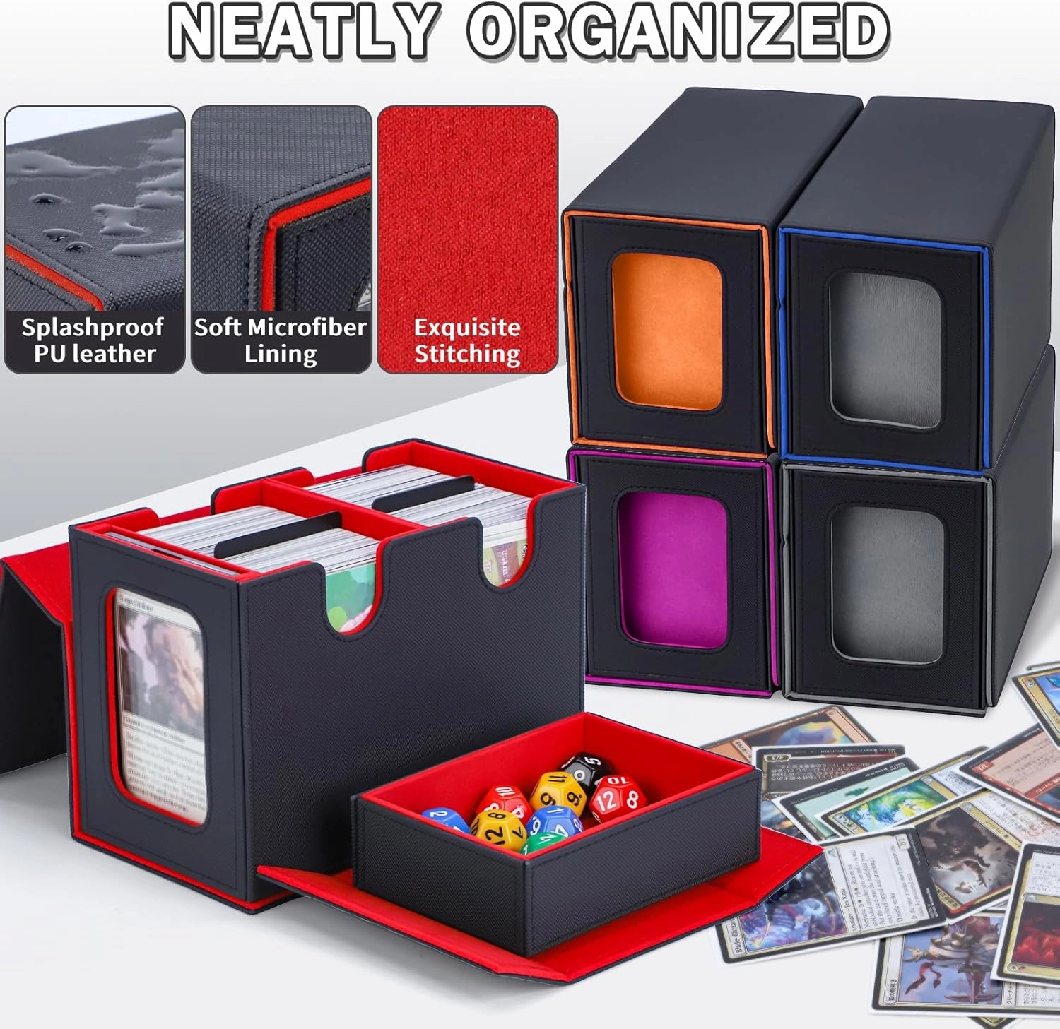 Commander Deck Box for MTG, Card Deck Box with Dice Tray and Display Window, Fits 200  Double-Sleeved Cards, Magnetic Leather Trading Card Storage Case for Magic Game Cards (Black & Red)