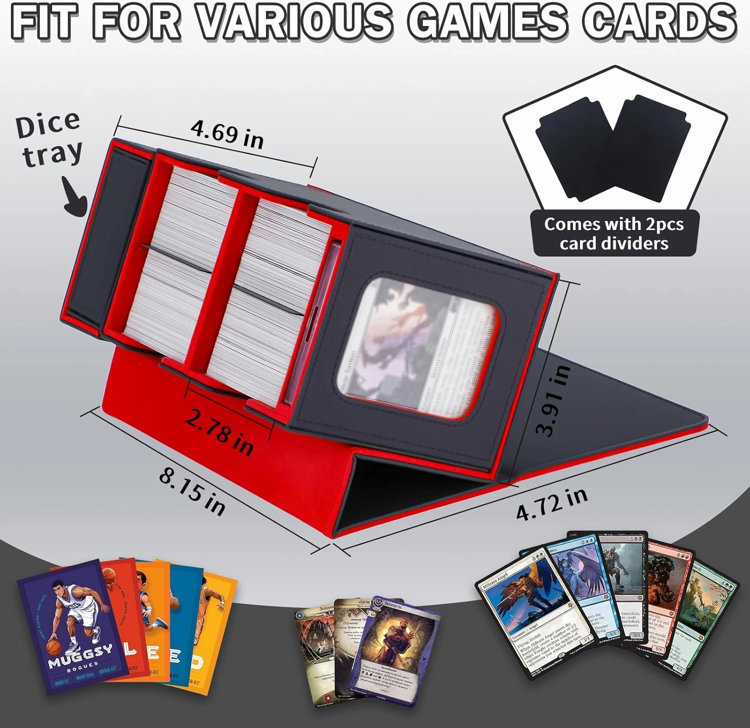 Commander Deck Box for MTG, Card Deck Box with Dice Tray and Display Window, Fits 200  Double-Sleeved Cards, Magnetic Leather Trading Card Storage Case for Magic Game Cards (Black & Red)