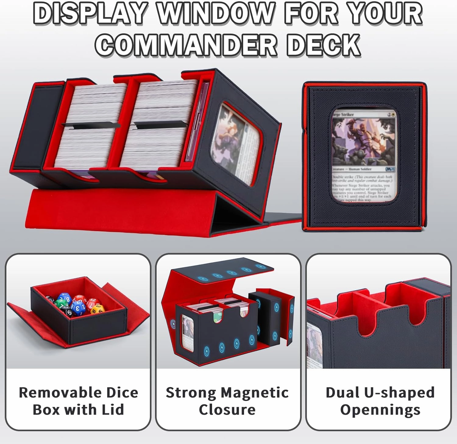 Commander Deck Box for MTG, Card Deck Box with Dice Tray and Display Window, Fits 200  Double-Sleeved Cards, Magnetic Leather Trading Card Storage Case for Magic Game Cards (Black & Red)