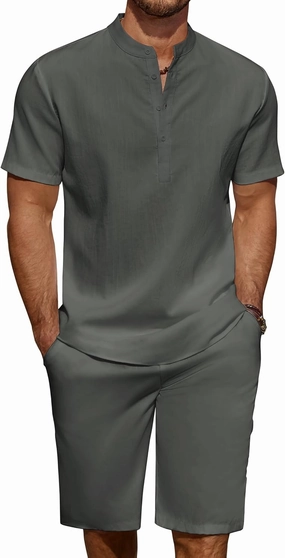 COOFANDY Men's 2 Pieces Linen Set Casual Henley Shirts Short Sleeve Beach Yoga Shorts Summer Pants Outfits