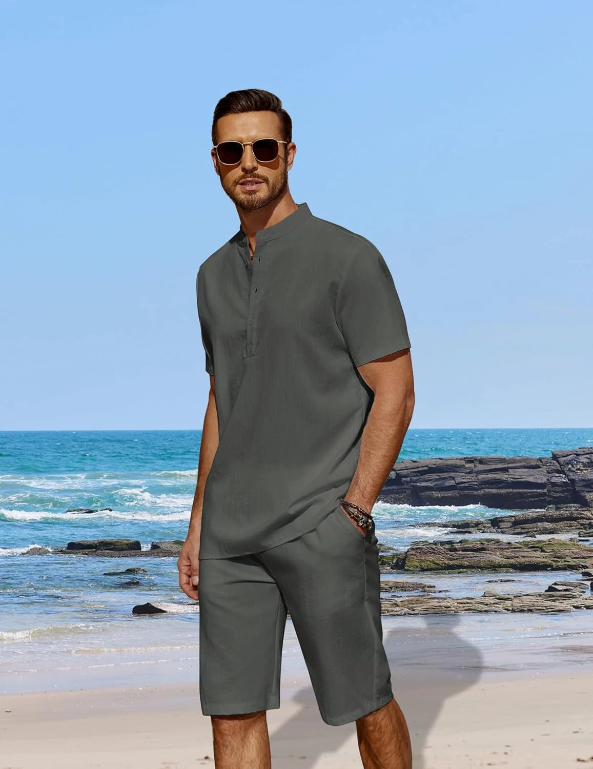 COOFANDY Men's 2 Pieces Linen Set Casual Henley Shirts Short Sleeve Beach Yoga Shorts Summer Pants Outfits