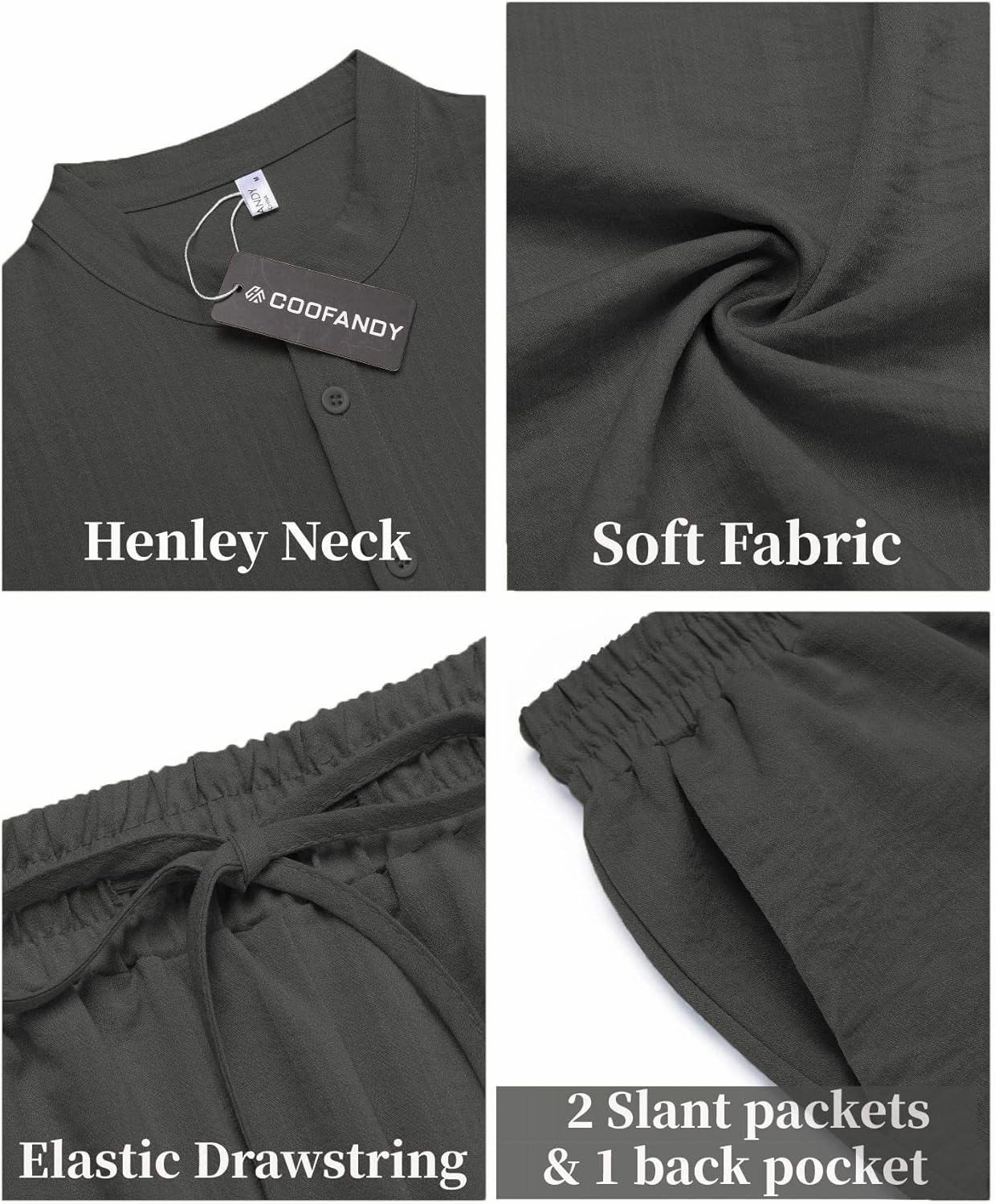 COOFANDY Men's 2 Pieces Linen Set Casual Henley Shirts Short Sleeve Beach Yoga Shorts Summer Pants Outfits