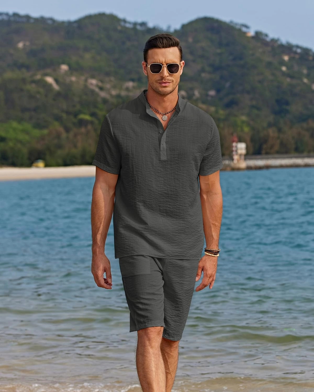 COOFANDY Men's 2 Pieces Linen Set Casual Henley Shirts Short Sleeve Beach Yoga Shorts Summer Pants Outfits
