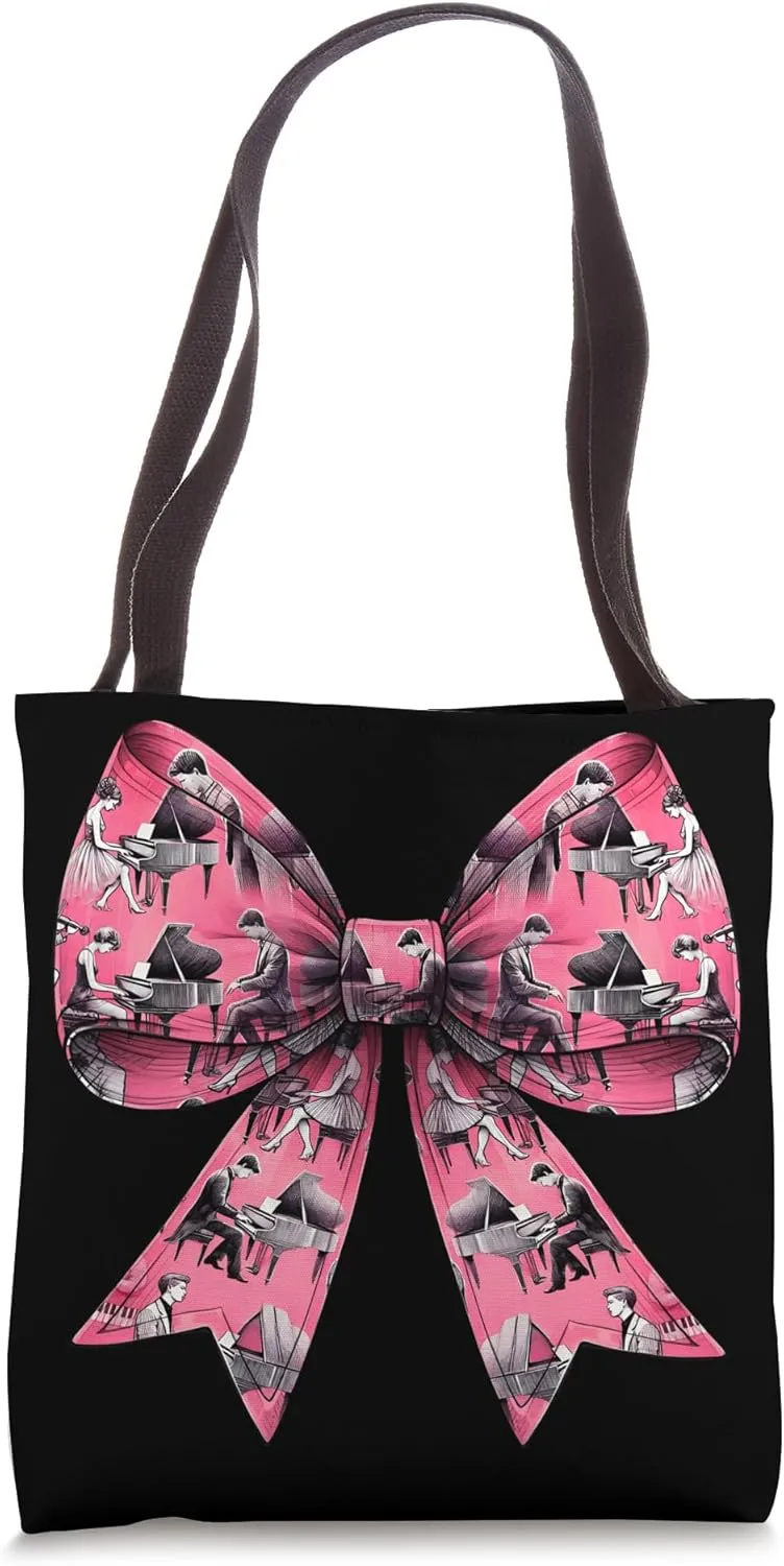 Coquette Bow Pianist Pattern Piano Girl Mom Cute Pink Tote Bag