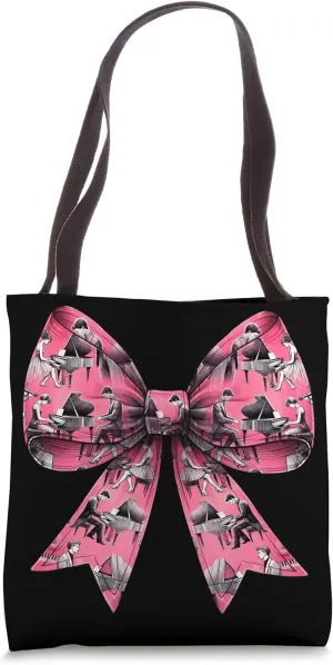 Coquette Bow Pianist Pattern Piano Girl Mom Cute Pink Tote Bag