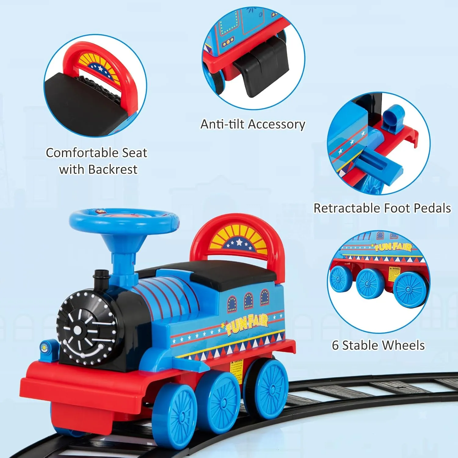 Costzon Ride on Toys, 6V Electric Ride on Train with Tracks, Storage Seat, Light & Music, Backrest, Anti-tilt Device, for Toddler Boys & Girls, Battery Powered Ride on Car (Navy Blue)