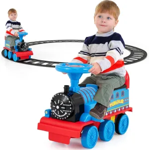 Costzon Ride on Toys, 6V Electric Ride on Train with Tracks, Storage Seat, Light & Music, Backrest, Anti-tilt Device, for Toddler Boys & Girls, Battery Powered Ride on Car (Navy Blue)