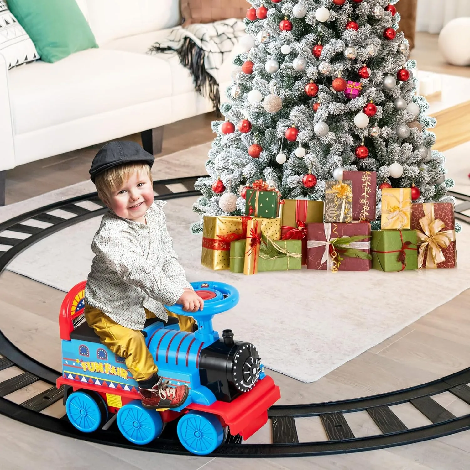 Costzon Ride on Toys, 6V Electric Ride on Train with Tracks, Storage Seat, Light & Music, Backrest, Anti-tilt Device, for Toddler Boys & Girls, Battery Powered Ride on Car (Navy Blue)
