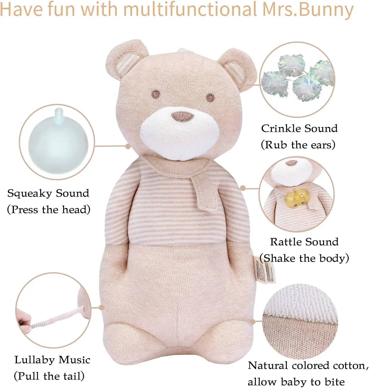 COTTONEBEBE Organic Baby Toys, Stuffed Animal Toy with Lullaby Music for Infant Babies 0 3 6 12 to 36 Months Boy & Girl,Ideal Gift for Newborn (Mr.Bear, Cotton)