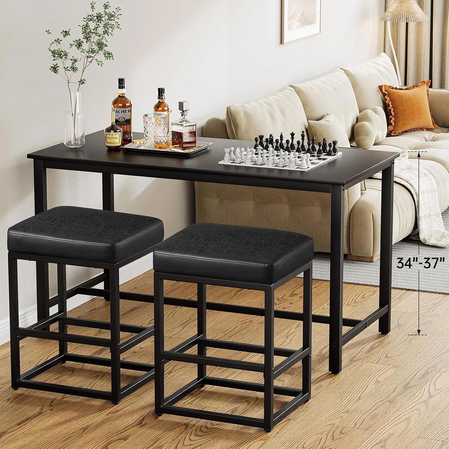 Counter Height Bar Stools Set of 2, 24" Barstools for Kitchen Countertop, Faux Leather Counter Stools with Thick Square Seats & Sturdy Metal Base, Simple Assembly, Black
