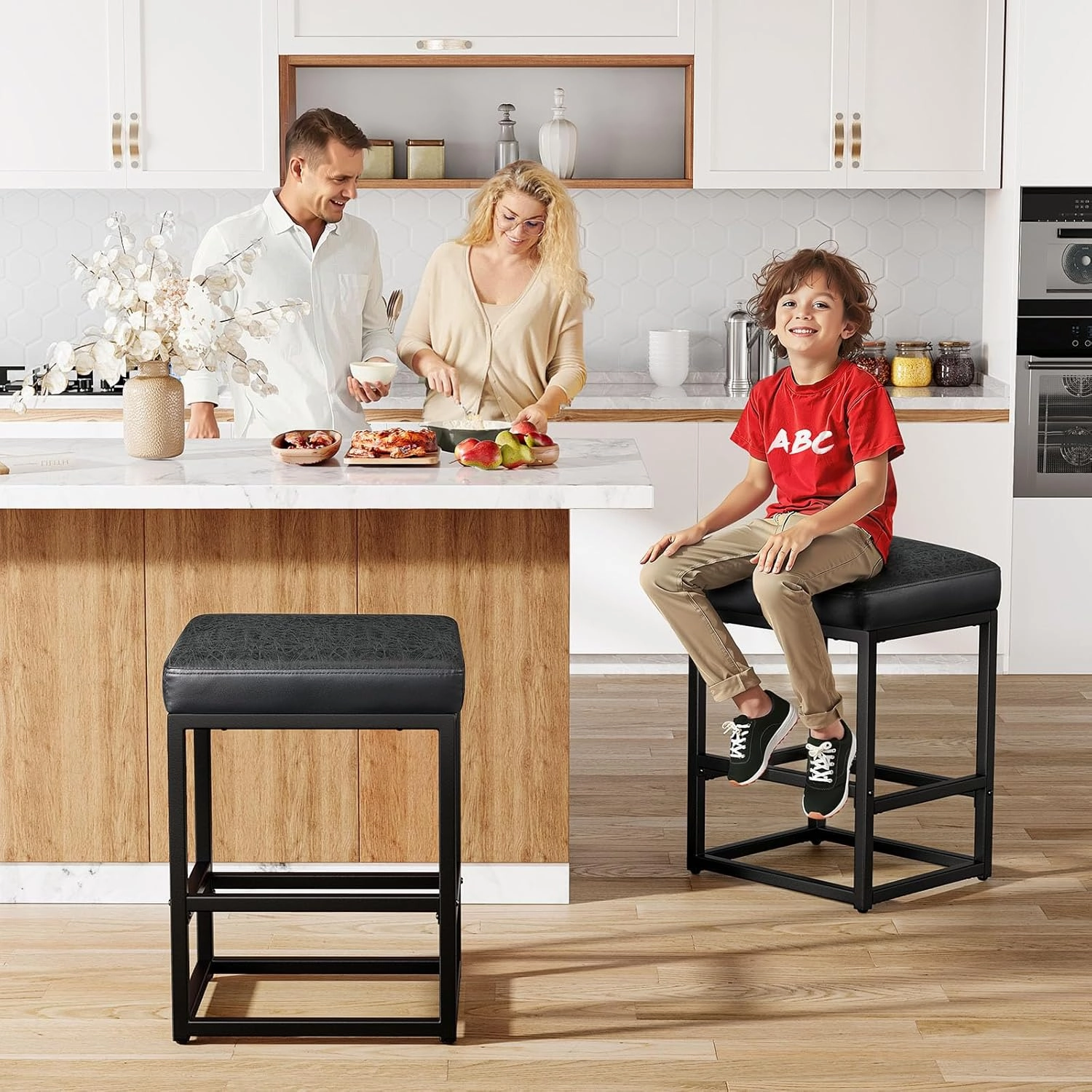 Counter Height Bar Stools Set of 2, 24" Barstools for Kitchen Countertop, Faux Leather Counter Stools with Thick Square Seats & Sturdy Metal Base, Simple Assembly, Black