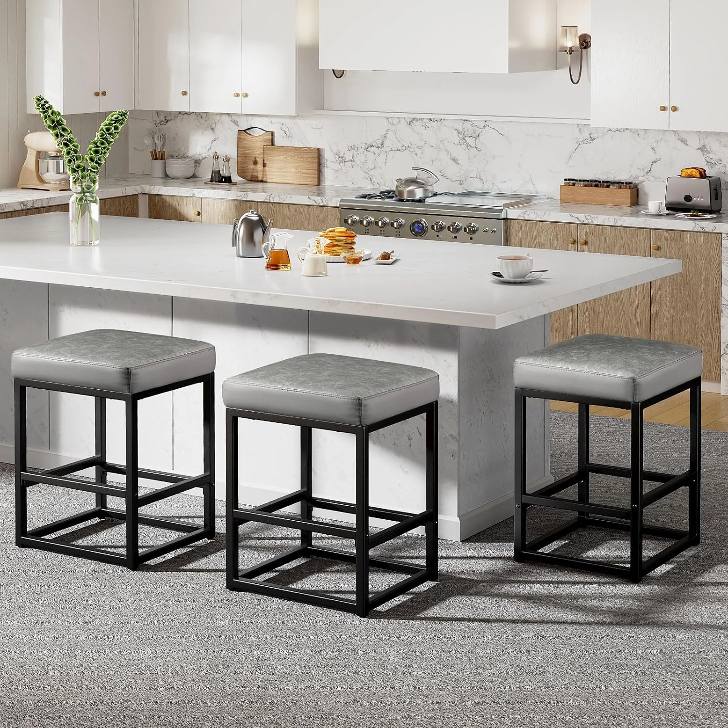 Counter Height Bar Stools Set of 2, 24" Barstools for Kitchen Countertop, Faux Leather Counter Stools with Thick Square Seats & Sturdy Metal Base, Simple Assembly, Black
