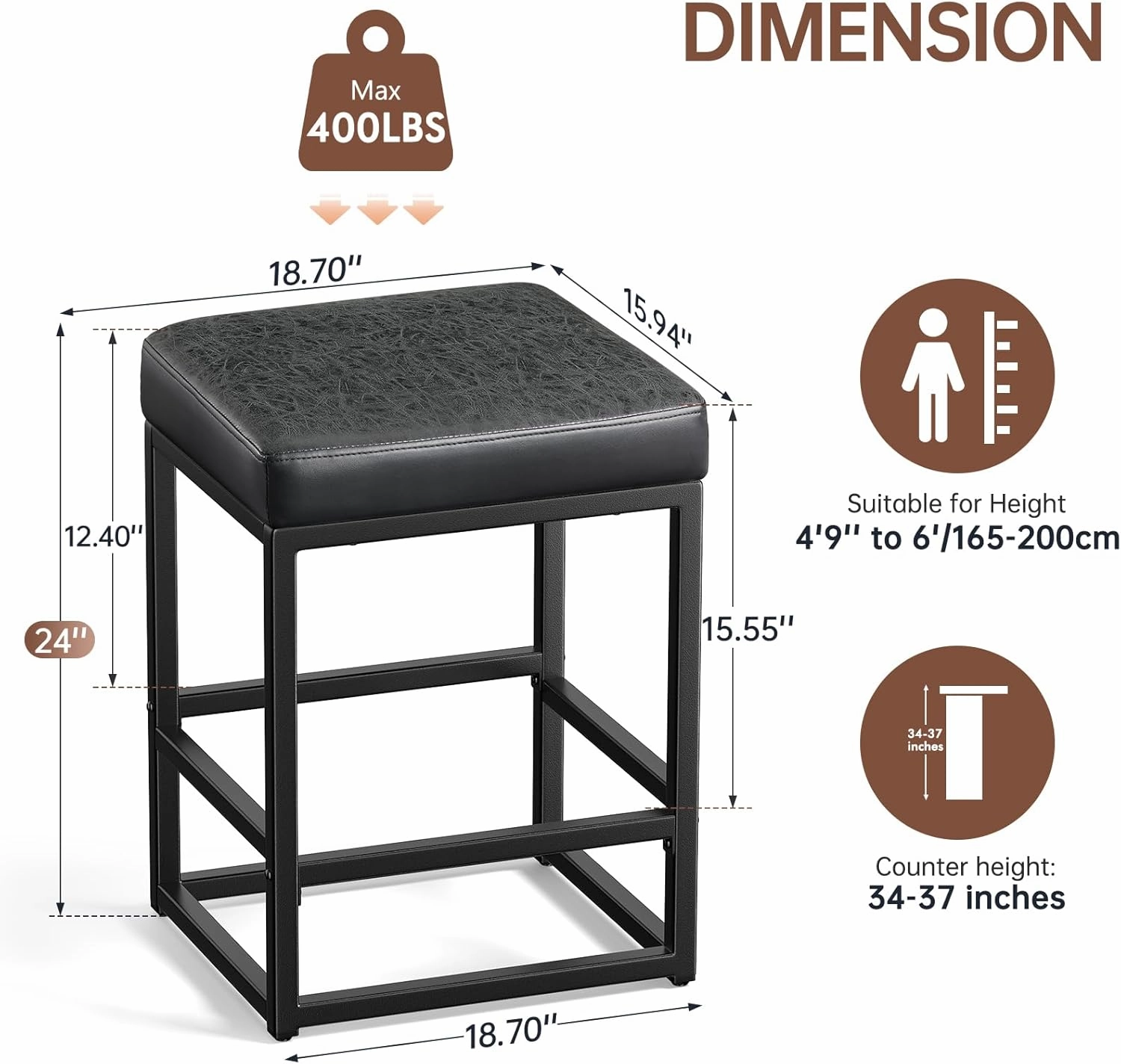 Counter Height Bar Stools Set of 2, 24" Barstools for Kitchen Countertop, Faux Leather Counter Stools with Thick Square Seats & Sturdy Metal Base, Simple Assembly, Black