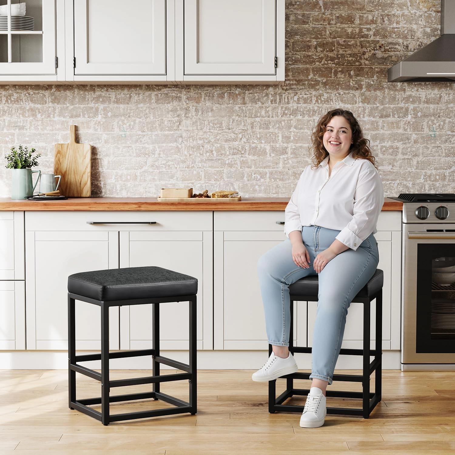 Counter Height Bar Stools Set of 2, 24" Barstools for Kitchen Countertop, Faux Leather Counter Stools with Thick Square Seats & Sturdy Metal Base, Simple Assembly, Black