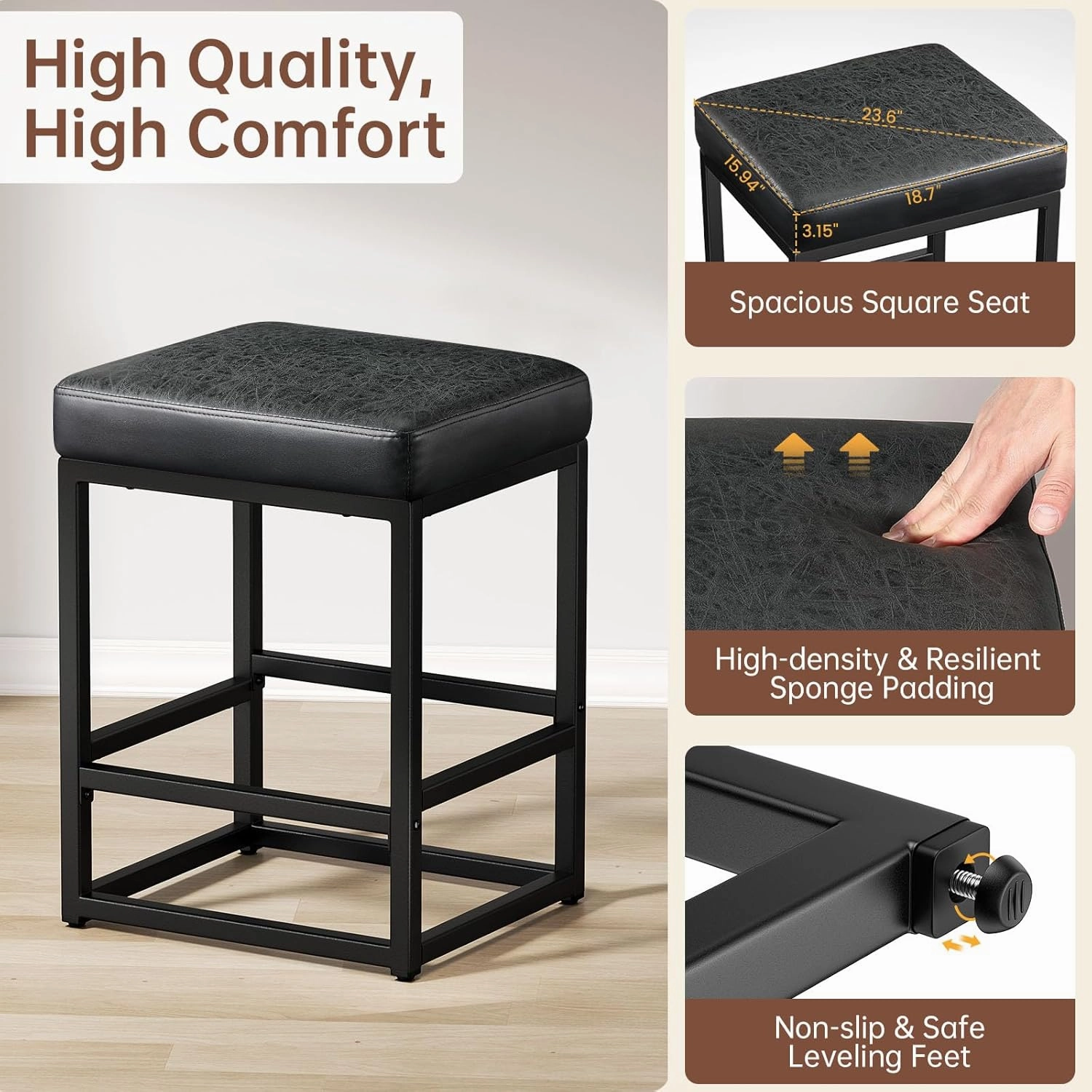 Counter Height Bar Stools Set of 2, 24" Barstools for Kitchen Countertop, Faux Leather Counter Stools with Thick Square Seats & Sturdy Metal Base, Simple Assembly, Black