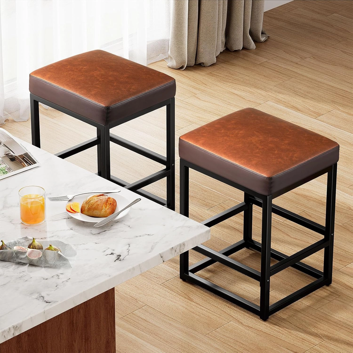 Counter Height Bar Stools Set of 2, 24" Barstools for Kitchen Countertop, Faux Leather Counter Stools with Thick Square Seats & Sturdy Metal Base, Simple Assembly, Black