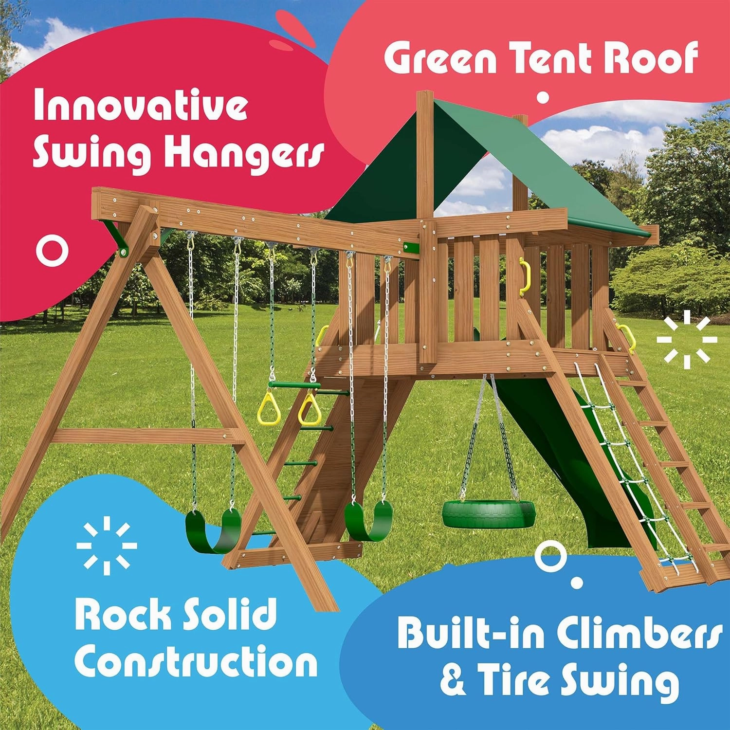 Creative Playthings Northbridge Pack 1 Wooden Swing Set (Made in The USA), Includes Climbing Wall for Kids, Playground Swings and Slide, and Tire Swing, 22 x 12 x 11 ft