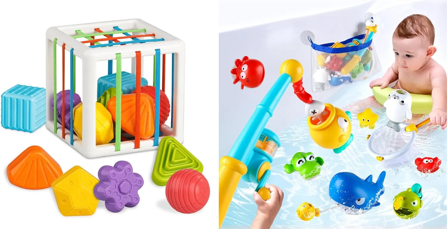 Cube Bin & Magnetic Fishing Bath Toy Set, Sensory Chunky Blocks, Light up Star, Easy Storage, 7   11 Pieces
