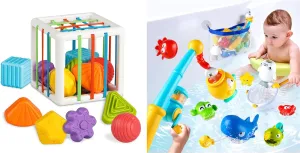 Cube Bin & Magnetic Fishing Bath Toy Set, Sensory Chunky Blocks, Light up Star, Easy Storage, 7   11 Pieces