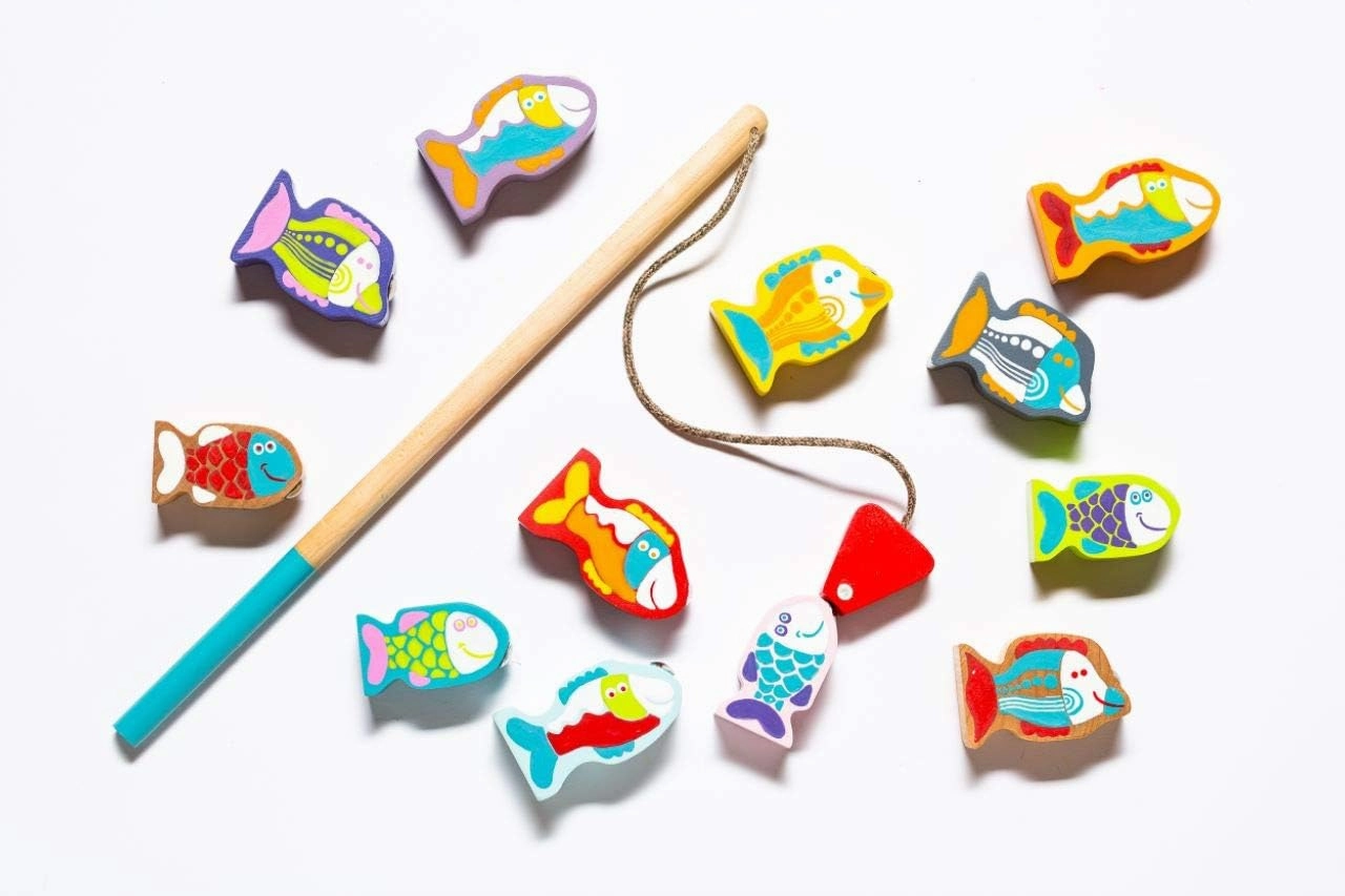 Cubika Wooden Fishing Game – Magnetic Fishing Toy for Kids Ages 2  – Montessori Fine Motor Skill Game with 2 Rods – FSC-Certified Wood, German Water-Based Paints