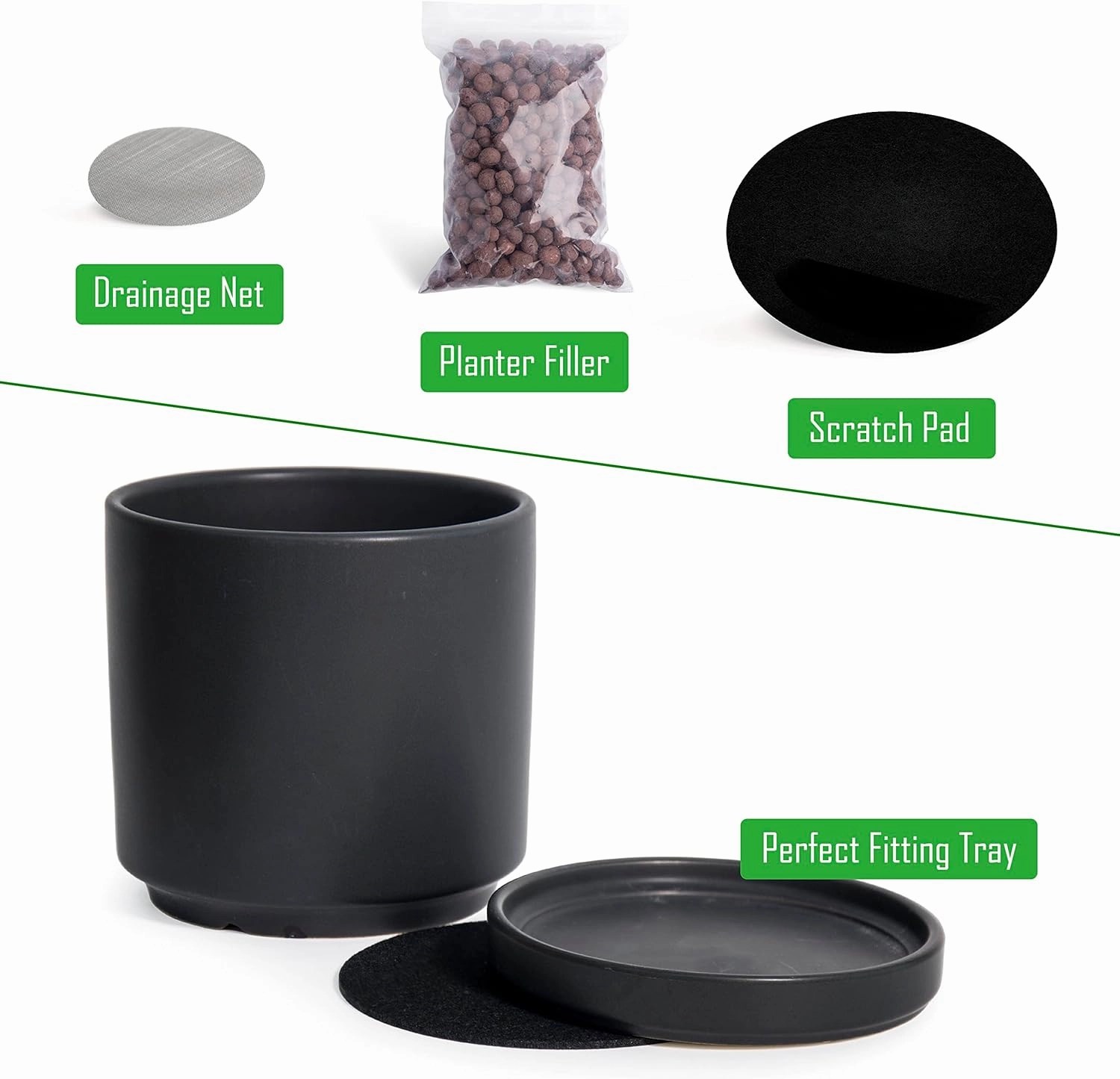 D'vine Dev Set of 4 Small Ceramic Plant Pots, 4.6 Inch Succulent Planter Pot for Plants with Drainage Hole and Saucer, Black, 94-X-B-2