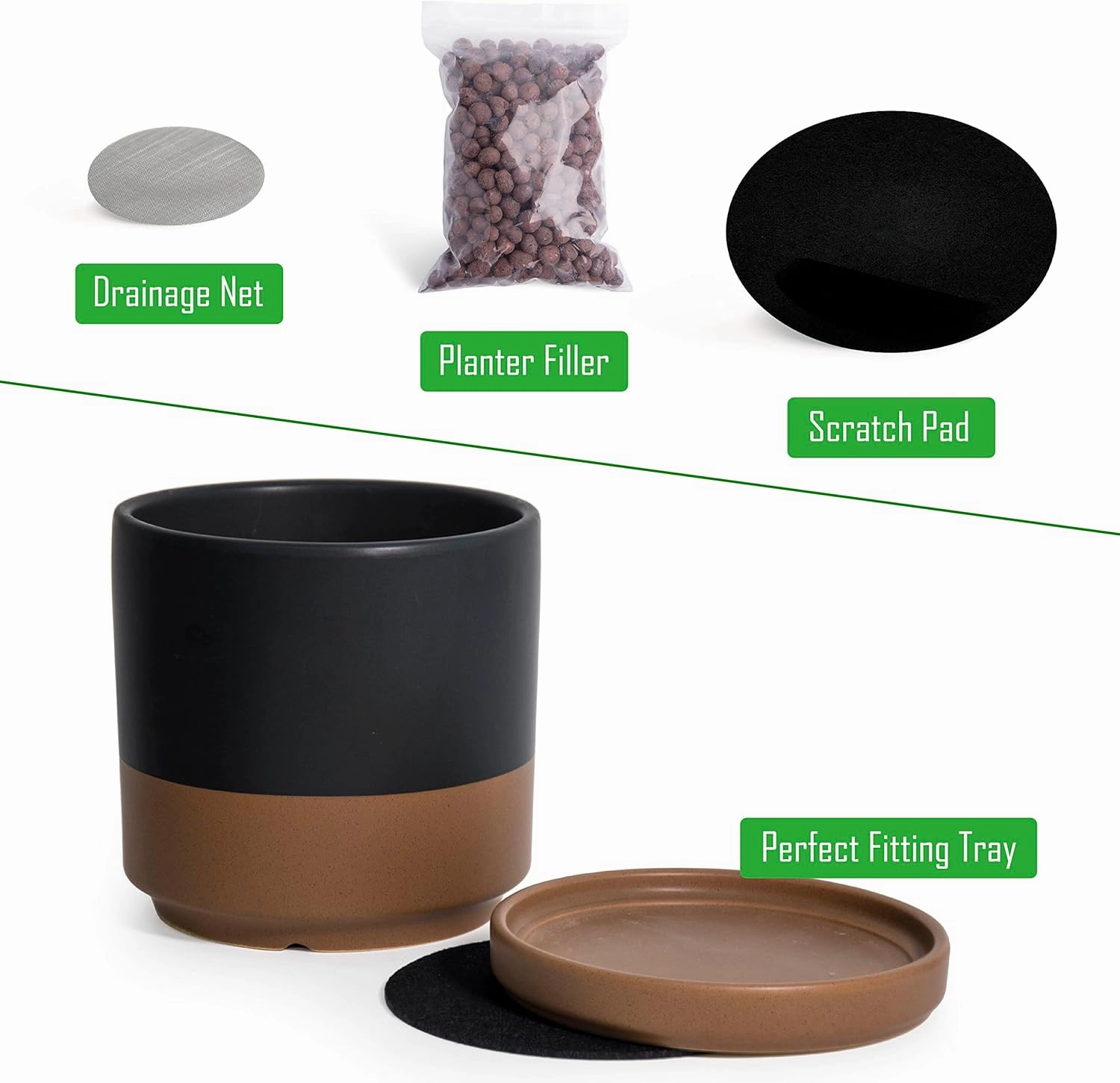 D'vine Dev Set of 4 Small Ceramic Plant Pots, 4.6 Inch Succulent Planter Pot for Plants with Drainage Hole and Saucer, Black/Speckled Tan, 94-X-B-7