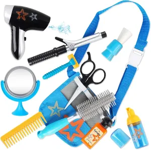 deAO Kids Hair Salon Pretend Play Kit - 20Pcs Barber Shop Role Play Toys with Hairdryer & Curling Iron - Realistic Stylist Tools & Storage Bag - Gift for Boys Girls Ages 3-6