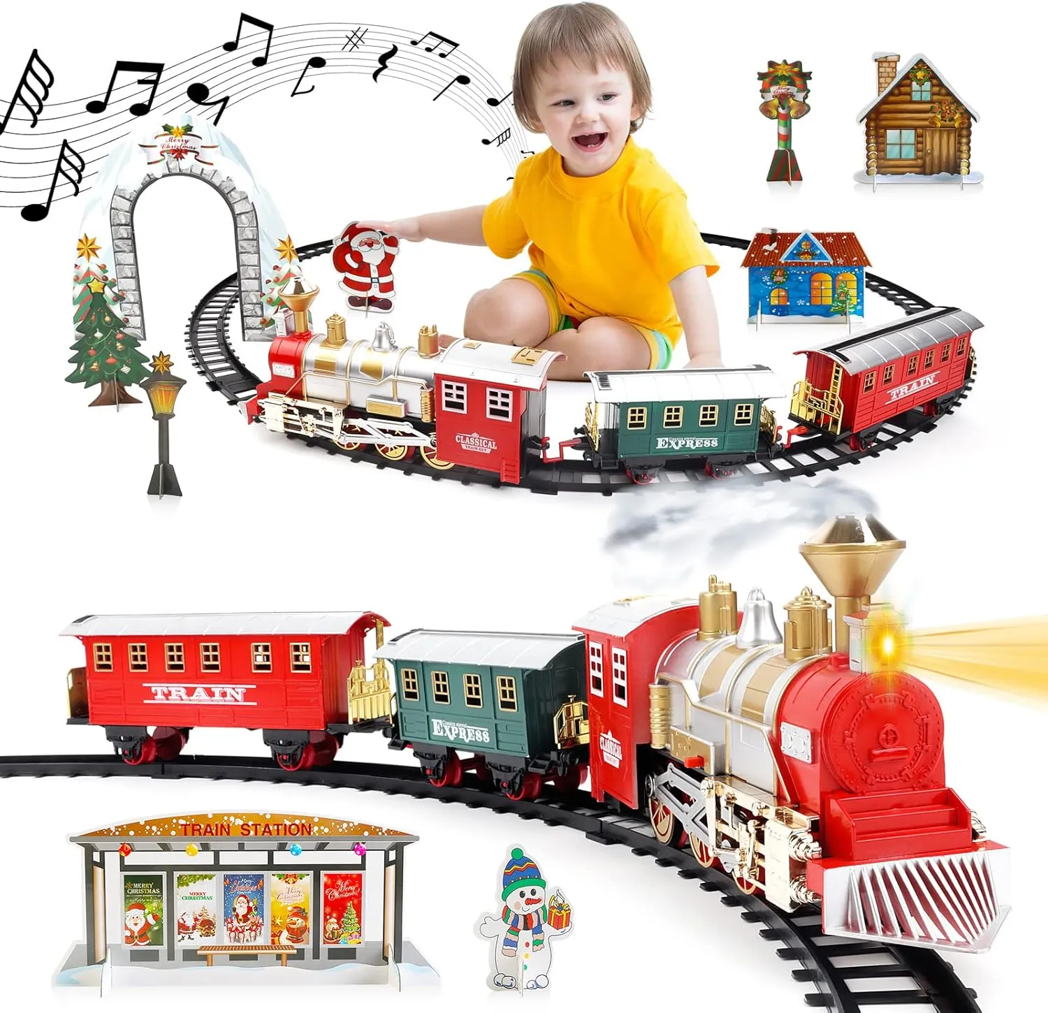 deAO Train Set for Christmas Tree,Classical Christmas Train Sets with Headlight, Smoke, Realistic Sounds, 3 Car Carriage and 11 Feet Track – Great Accessory for Kids and Christmas Decoration
