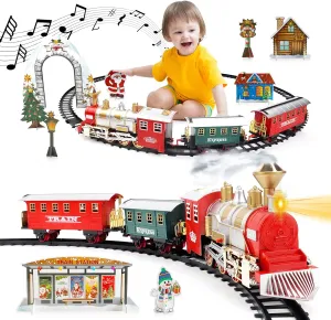 deAO Train Set for Christmas Tree,Classical Christmas Train Sets with Headlight, Smoke, Realistic Sounds, 3 Car Carriage and 11 Feet Track – Great Accessory for Kids and Christmas Decoration