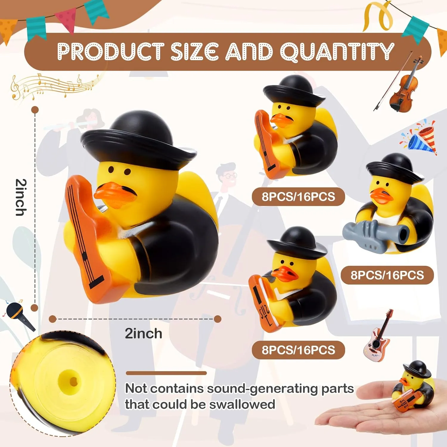 DEEKIN 24 Pcs Mexican Rubber Ducks Bulk 2 Inch Mariachi Band Pattern Rubber Ducks for Cinco de Mayo Mexican Band Party Favors Decoration