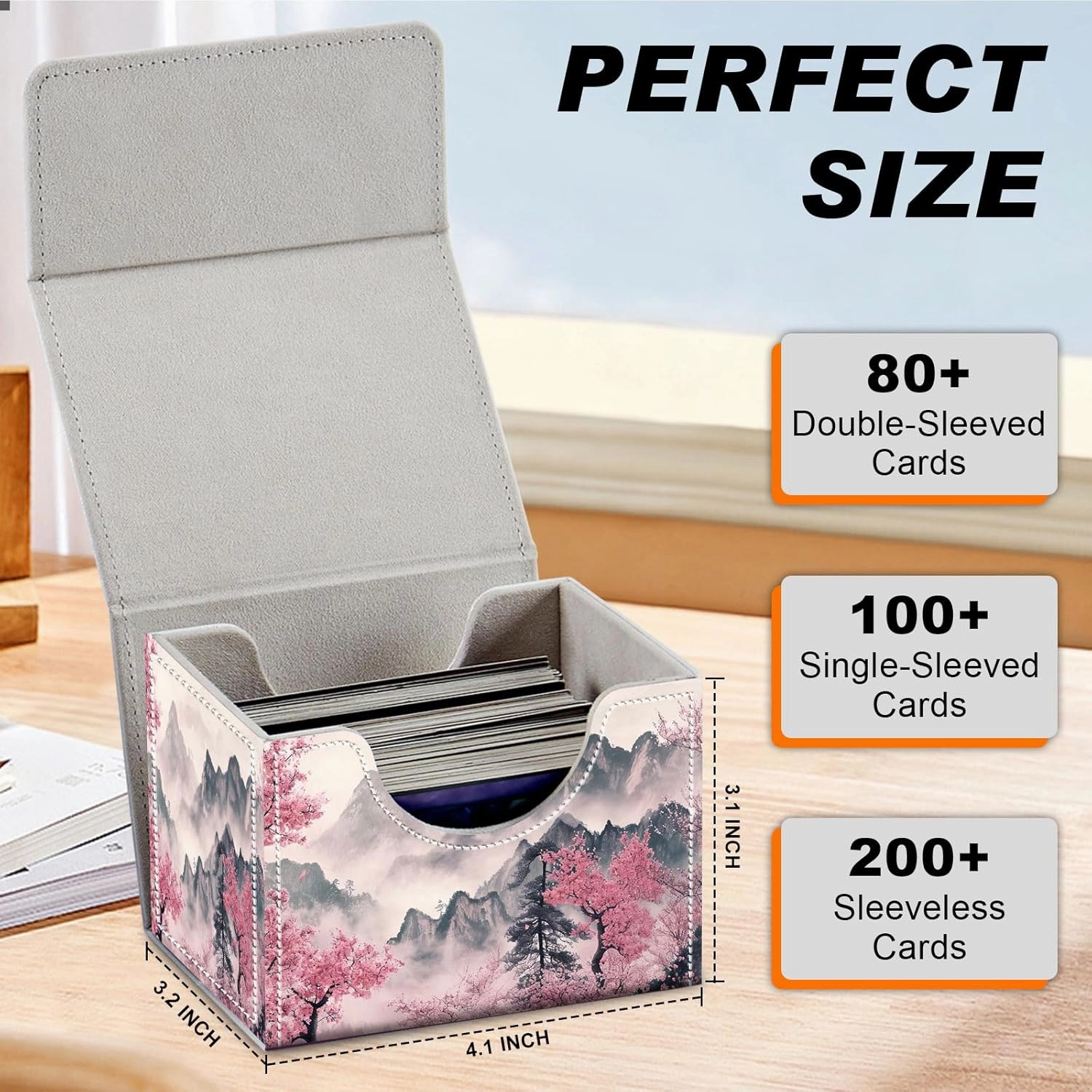 DEGDFSGR Commander Card Game Storage Box for TCG MTG Deck Box Organizer Trading Card Case Magnetic Closure Creative Pattern Up to 200 Cards, Mountains and Pink Trees