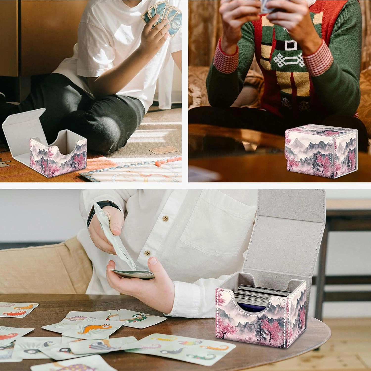 DEGDFSGR Commander Card Game Storage Box for TCG MTG Deck Box Organizer Trading Card Case Magnetic Closure Creative Pattern Up to 200 Cards, Mountains and Pink Trees