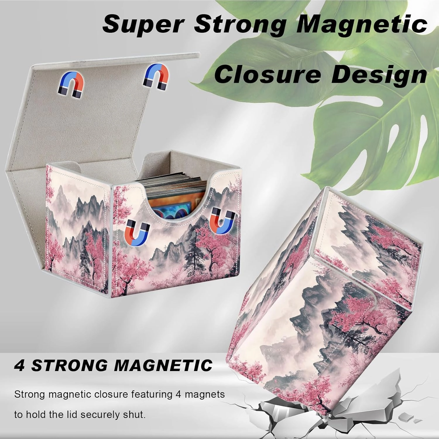 DEGDFSGR Commander Card Game Storage Box for TCG MTG Deck Box Organizer Trading Card Case Magnetic Closure Creative Pattern Up to 200 Cards, Mountains and Pink Trees