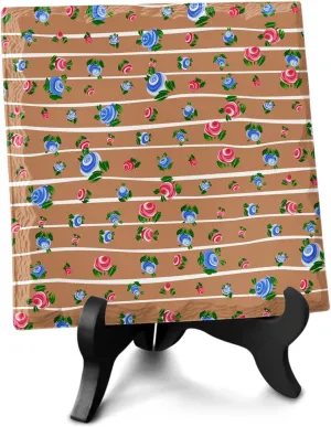 Desk Decor with Wooden Stand Plaque, Red Blue Flower Table Sign Decorative Ceramics Desk Plaque Office Home Party Holiday Gift Desktop Plaque Sign Decor Brown Lines Painting Illustraction