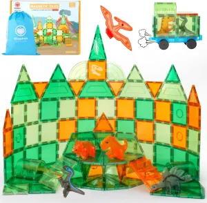 Dinosaur Magnetic Tiles for Kids 3-8, 3D Building Blocks Set with 1 Magnet Car, 5 Dinosuar Figures, Educational STEM Magnet Toys Xmas Gifts for Boys and Girls 3  Year Old