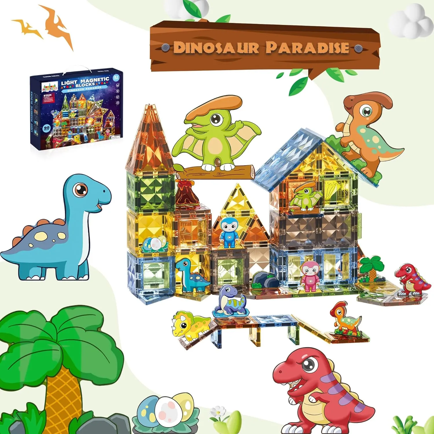 Dinosaur Paradise Magnetic Tiles Set for Kids 3-5 4-8 8-12 Dinosaur Magnet Building Blocks, Educational Stack Tile Construction for Boys Girls Toddlers Ages 5-7 Year Old to STEM Learning