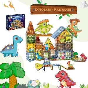 Dinosaur Paradise Magnetic Tiles Set for Kids 3-5 4-8 8-12 Dinosaur Magnet Building Blocks, Educational Stack Tile Construction for Boys Girls Toddlers Ages 5-7 Year Old to STEM Learning