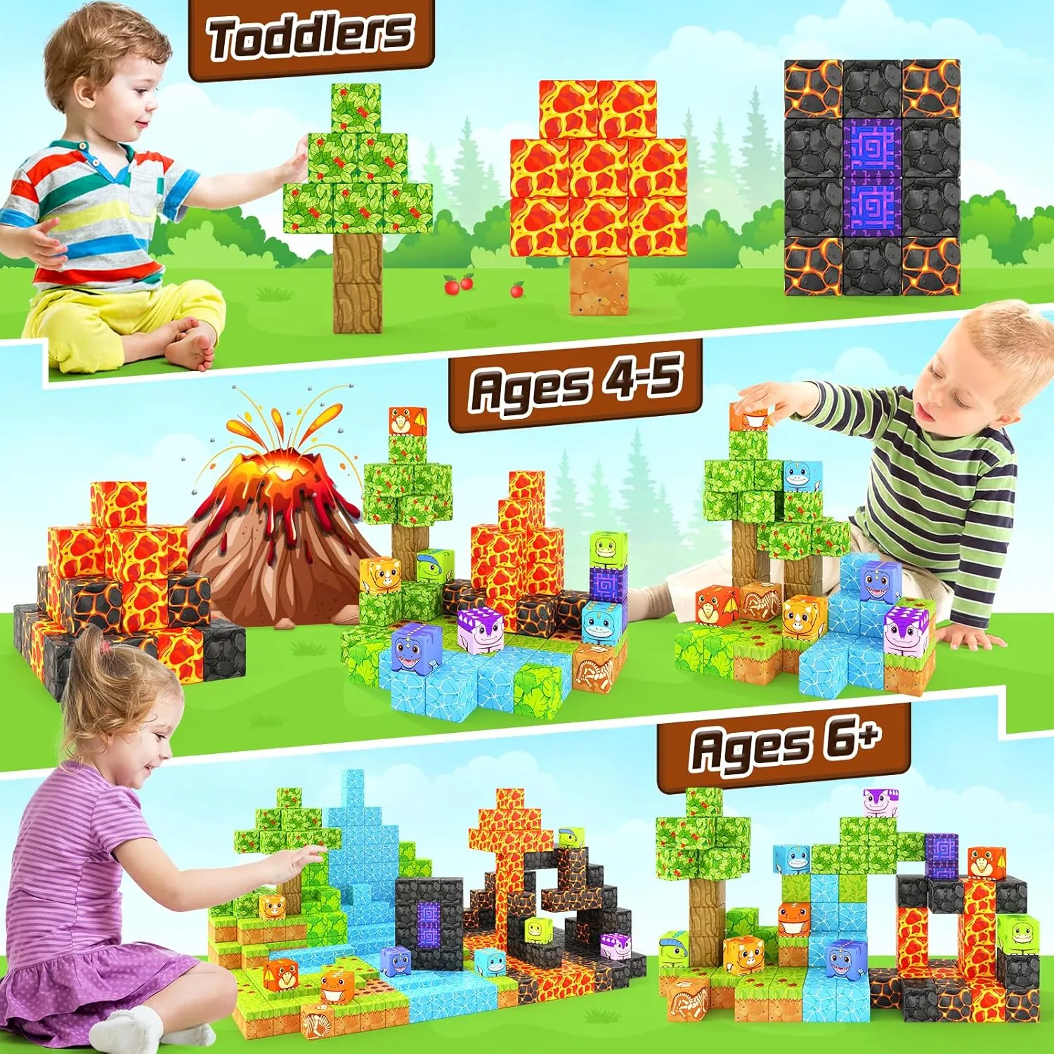 Dinosaur Toys Magnetic Blocks - Build Mine Magnet World Dinosaur Adventure Set, Magnetic Building Blocks Outdoor Toddler Toys for 3  Year Old Boys & Girls, Creative Jurassic Scenes Kids Toy Games