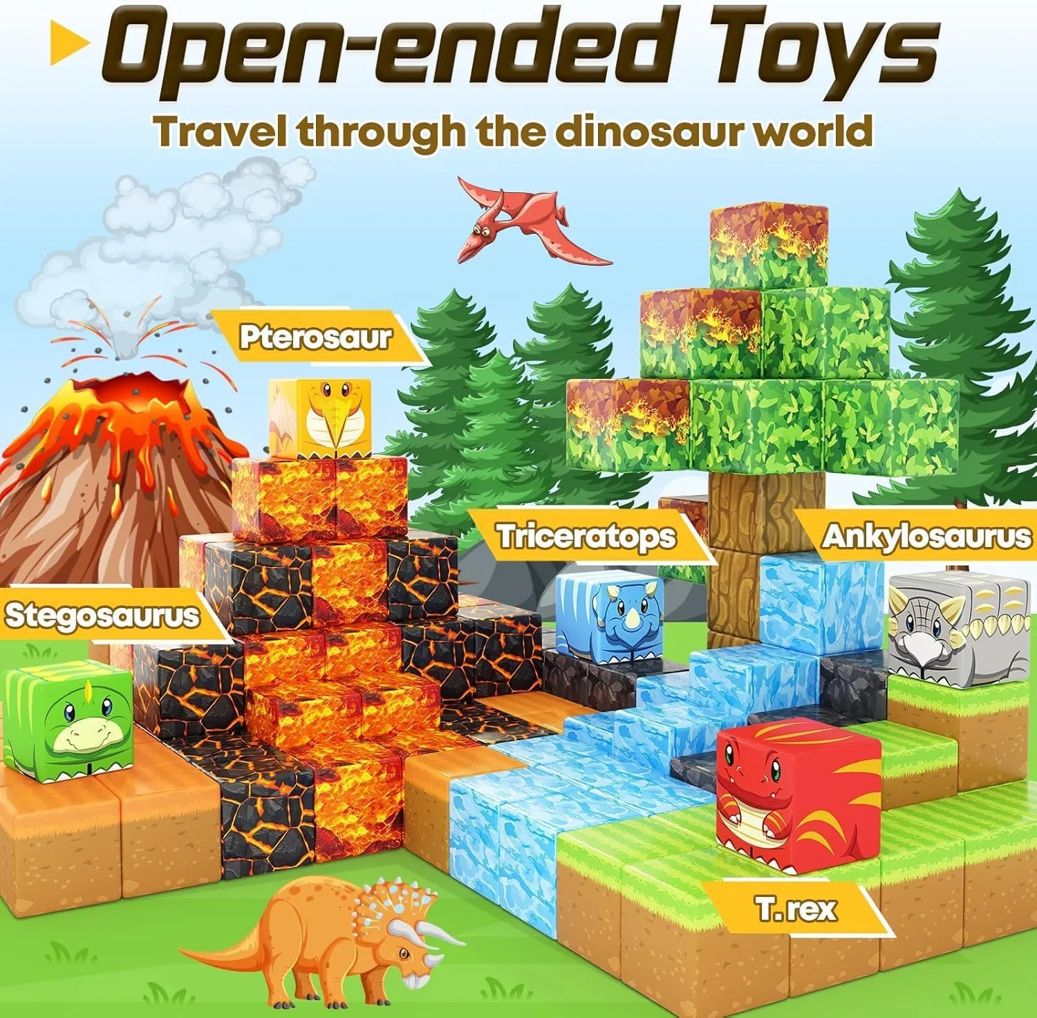 Dinosaur Toys Magnetic Blocks-Build Mine Magnet World Volcano Edition Kids Toy for 3  Year Old Boys and Girls Building Blocks Toddler Toys Games Through Jurassic Learning Sensory Toy Gifts