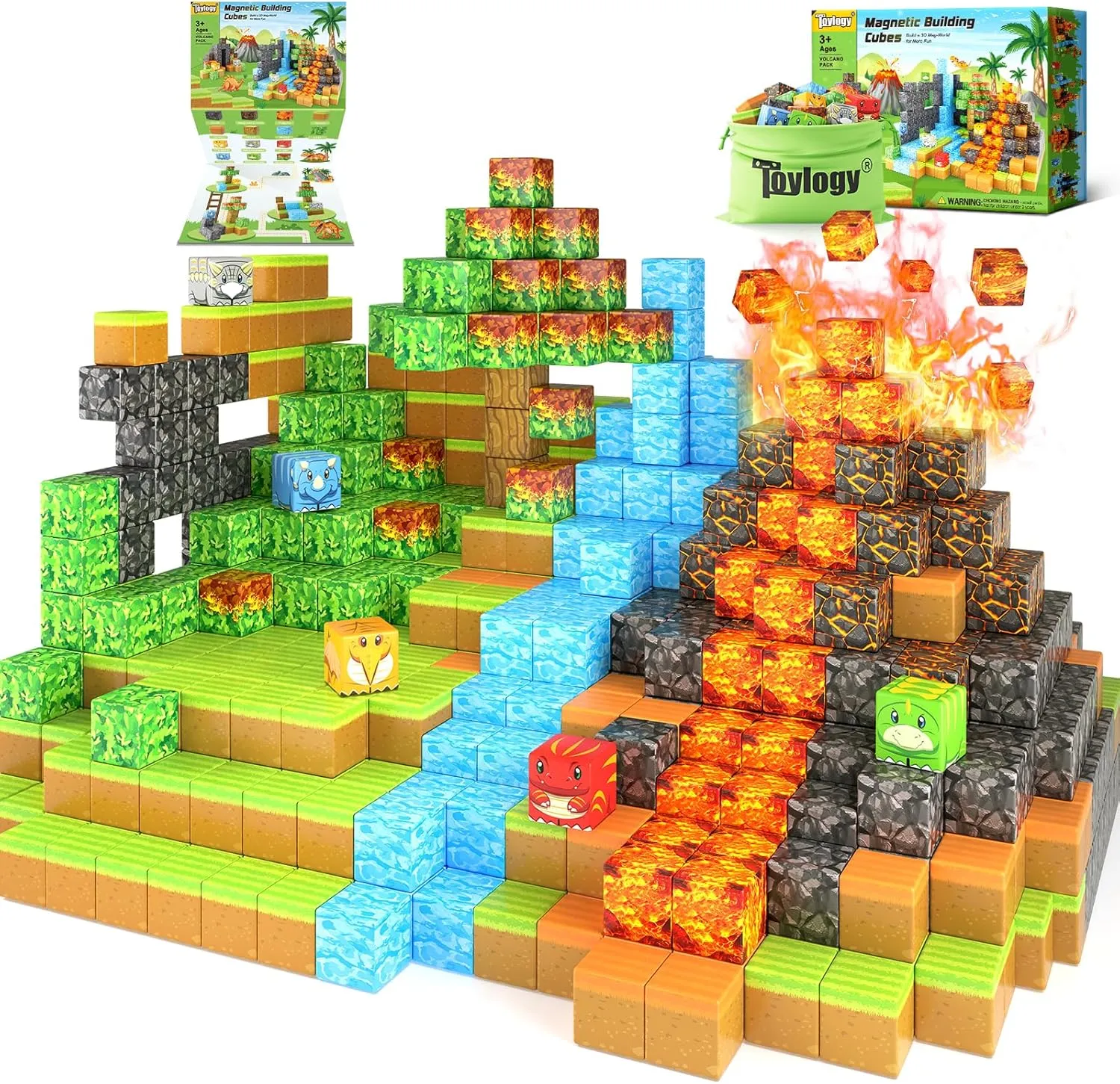 Dinosaur Toys Magnetic Blocks-Build Mine Magnet World Volcano Edition Kids Toy for 3  Year Old Boys and Girls Building Blocks Toddler Toys Games Through Jurassic Learning Sensory Toy Gifts