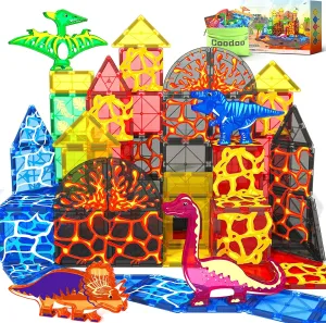 Dinosaur Toys Magnetic Tiles Lava Dinosaur World Set - Magnetic Blocks Building Toys for Kids 3-5 5-7 Girls Boys Toys Age 4-6 6-8, Classroom Must Haves Toddler Sensory Toys for 3  Year Old Kids Toys