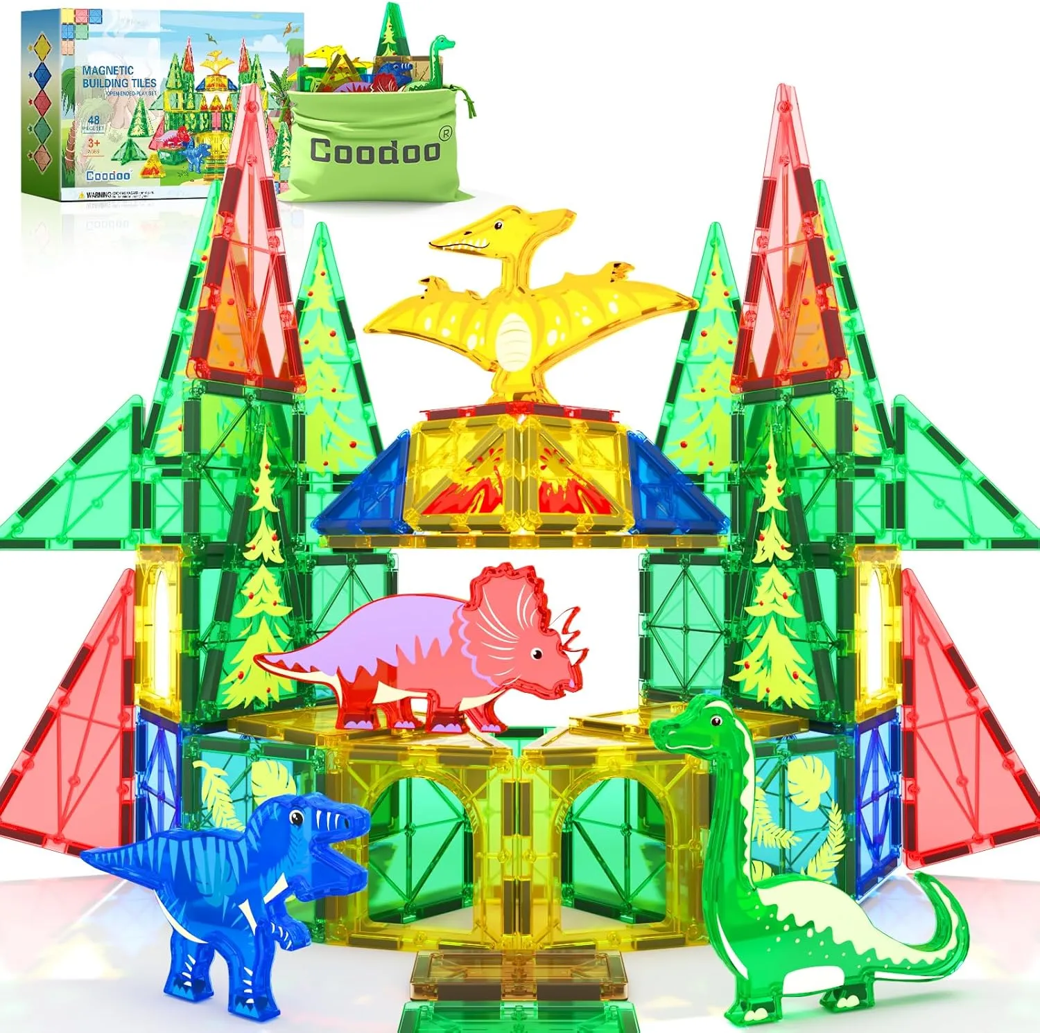 Dinosaur Toys Magnetic Tiles - Magnet Building Blocks for Toddler Kids Toys STEM Sensory Outdoor Toys for 3  Year Old Boys and Girls, Dinosaur World Creative Games Kids Toys