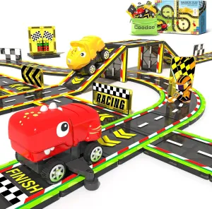 Dinosaur Toys Magnetic Tiles with 2 Dinosaur Cars Race Track, Magnetic Building Blocks Toddler Sensory Outdoor Kids Toys for 3  Year Old Boys Girls, Classroom Must Haves Kids Games for Ages 3 5 7