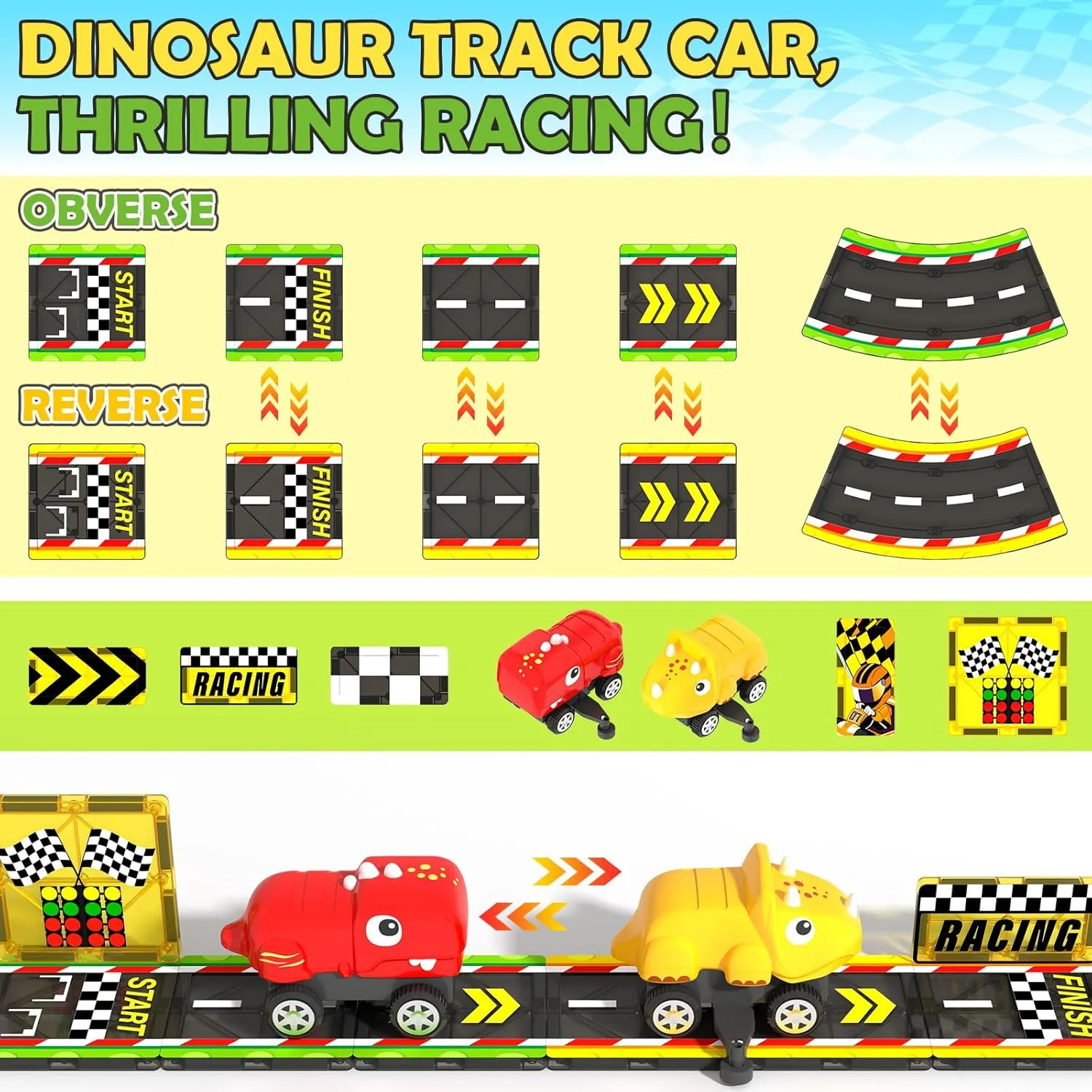 Dinosaur Toys Magnetic Tiles with 2 Dinosaur Cars Race Track, Magnetic Building Blocks Toddler Sensory Outdoor Kids Toys for 3  Year Old Boys Girls, Classroom Must Haves Kids Games for Ages 3 5 7