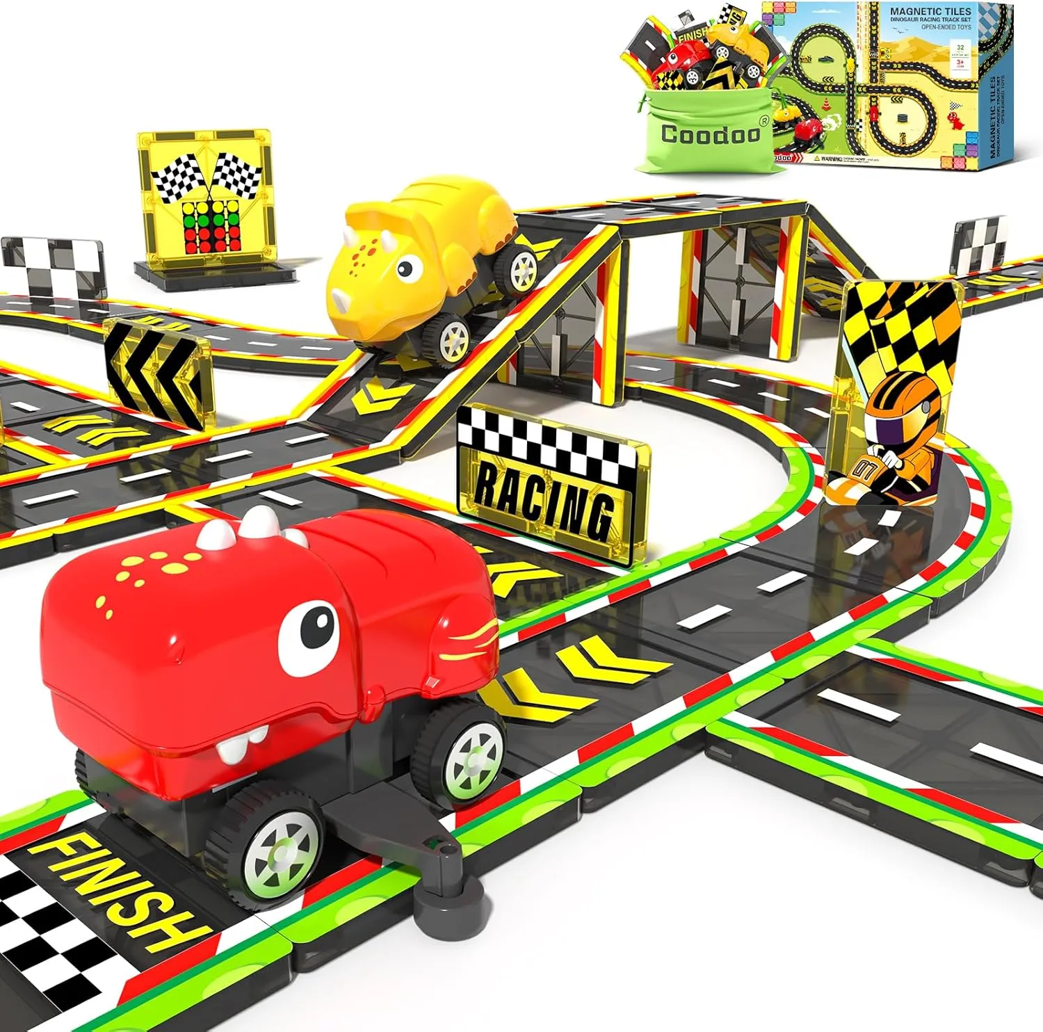 Dinosaur Toys Magnetic Tiles with 2 Dinosaur Cars Race Track, Magnetic Building Blocks Toddler Sensory Outdoor Kids Toys for 3  Year Old Boys Girls, Classroom Must Haves Kids Games for Ages 3 5 7