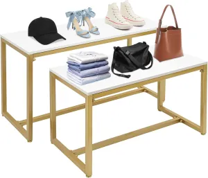 DNYSYSJ Shoe Handbag Display Stand Display Riser Shelf Modern Nesting Tables Set 2 Tier Heavy Duty Display Table for Retail Stores Home Clothing Shops, Gold(39.37x15.75x22in;31.5x15.75x18.1in)