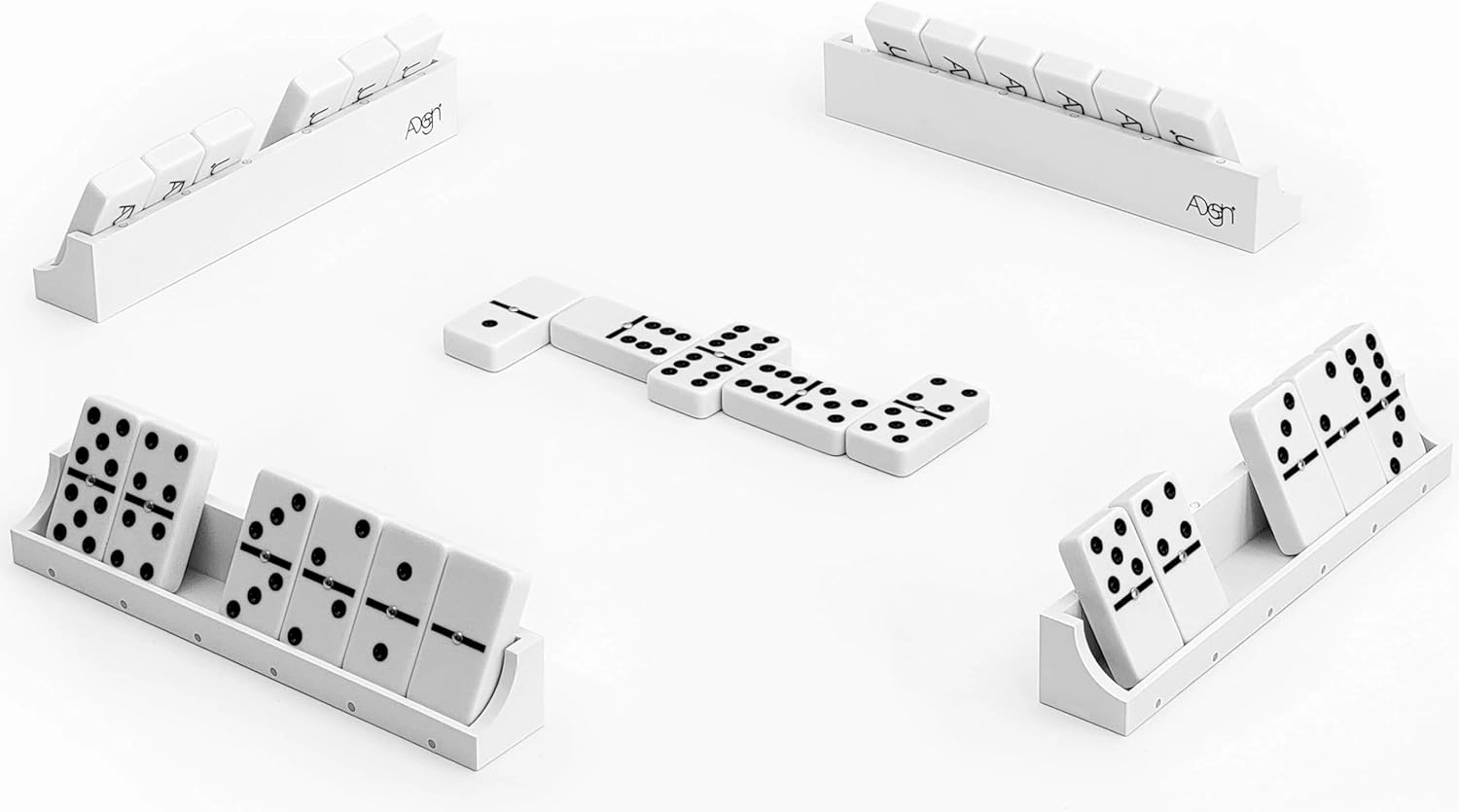 Domino Game Set of 28 | Professional Double 6s | Multi-use Box | Trays to Stand Tiles | by ADesign  (White Plastic Tactile)
