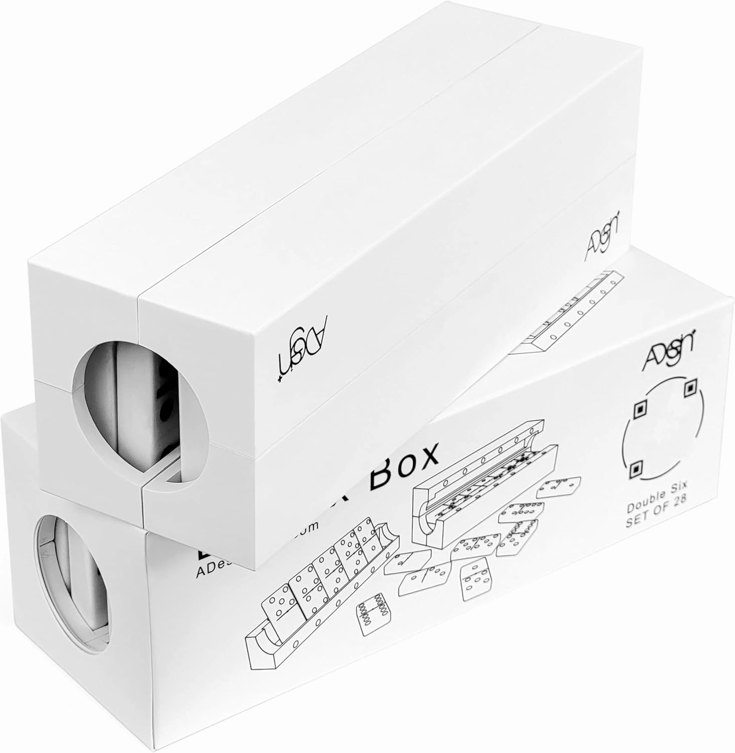 Domino Game Set of 28 | Professional Double 6s | Multi-use Box | Trays to Stand Tiles | by ADesign  (White Plastic Tactile)